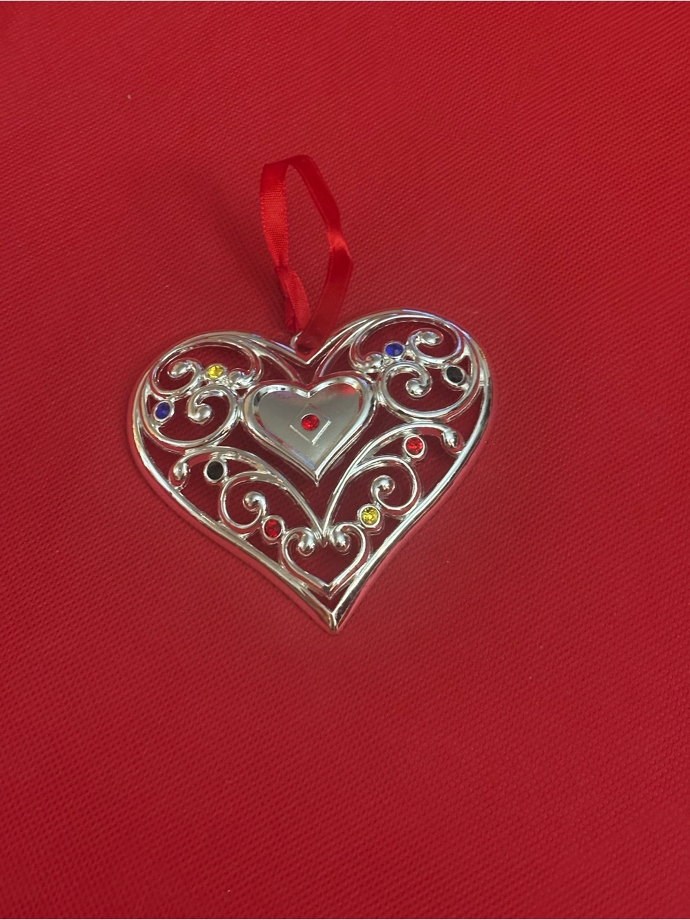 Lenox Silver Heart Ornament with Red Ribbon and Multicolor Gems